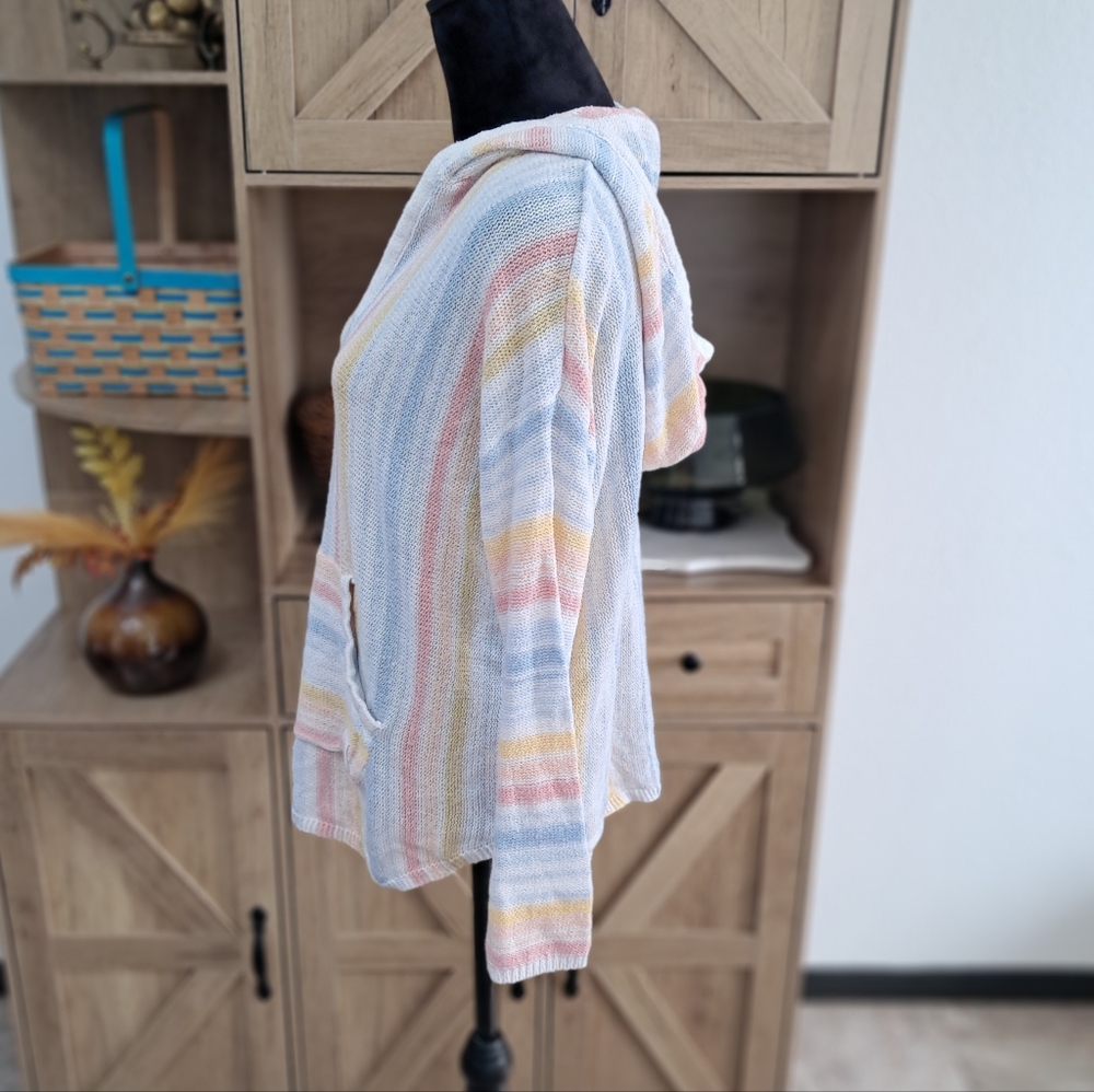 Bucees Knit Hooded Sweater Pastel Colors Striped V-Neck Long Sleeve Beachy Boho - Picture 4 of 12